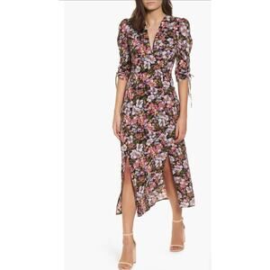 WAYF Boomer Black Petal Floral Print Flowy Ruched Sleeves V-neck Midi Dress
